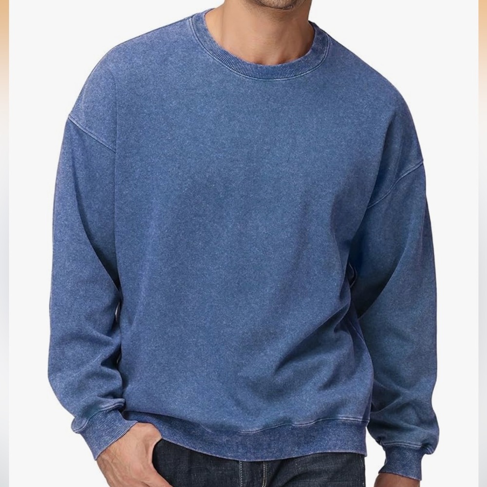 Amazon Men's Vintage Wash Blue Crewneck Sweater